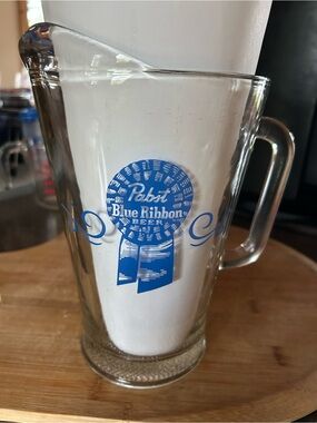 Vintage Pabst Blue Ribbon Beer Pitcher | 1970s PBR Glass Barware.